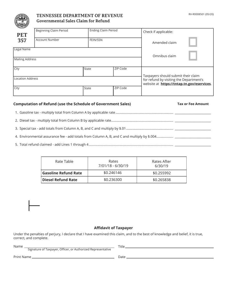 Form PET357 (RV-R0008501) Governmental Sales Claim for Refund - Tennessee, Page 1
