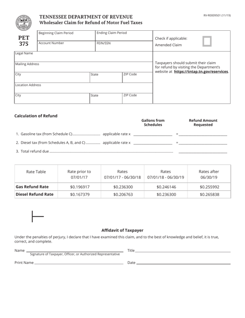 Form PET375 (RV-R0009501) Wholesaler Claim for Refund of Motor Fuel Taxes - Tennessee