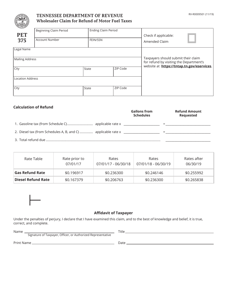 Form PET375 (RV-R0009501) Wholesaler Claim for Refund of Motor Fuel Taxes - Tennessee, Page 1