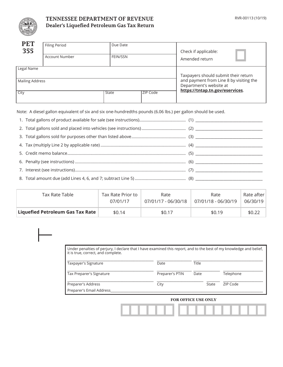 Form PET355 (RVR-00113) Dealers Liquefied Petroleum Gas Tax Return - Tennessee, Page 1
