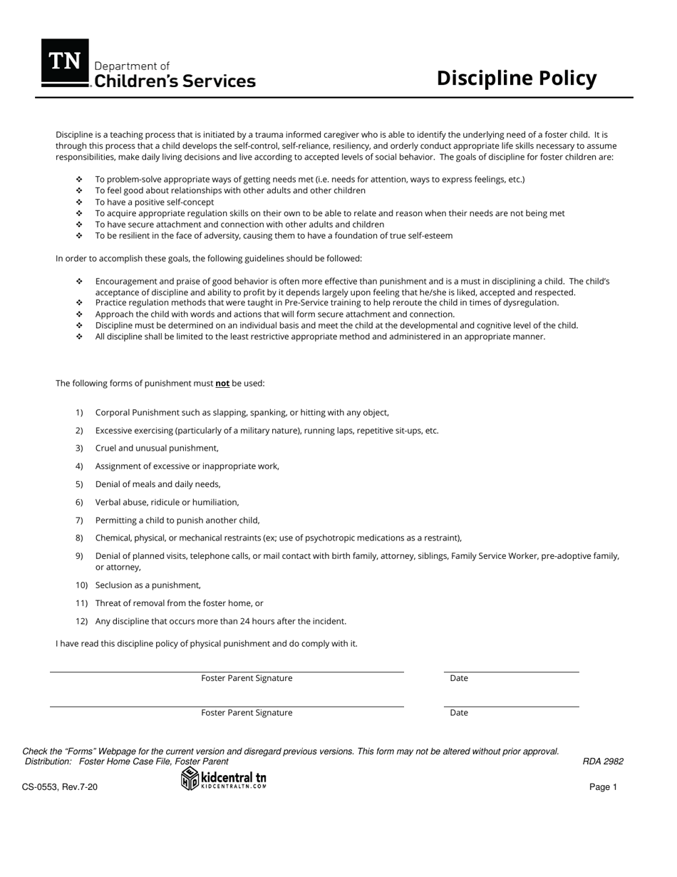 Form CS-0553 Discipline Policy - Tennessee, Page 1