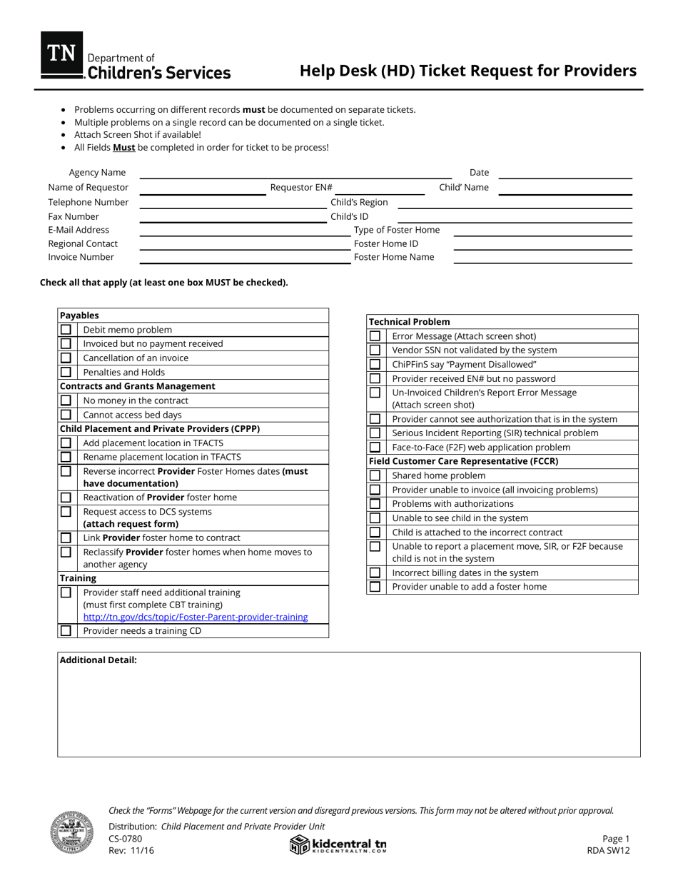 Form CS-0780 Help Desk (Hd) Ticket Request for Providers - Tennessee, Page 1