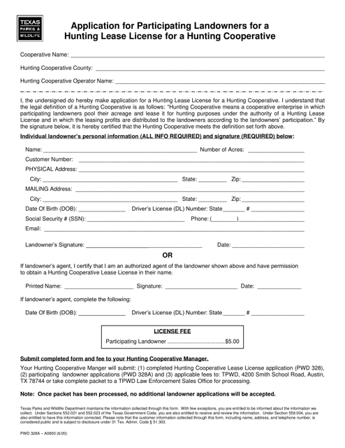 Form PWD328A Application for Participating Landowners for a Hunting Lease License for a Hunting Cooperative - Texas