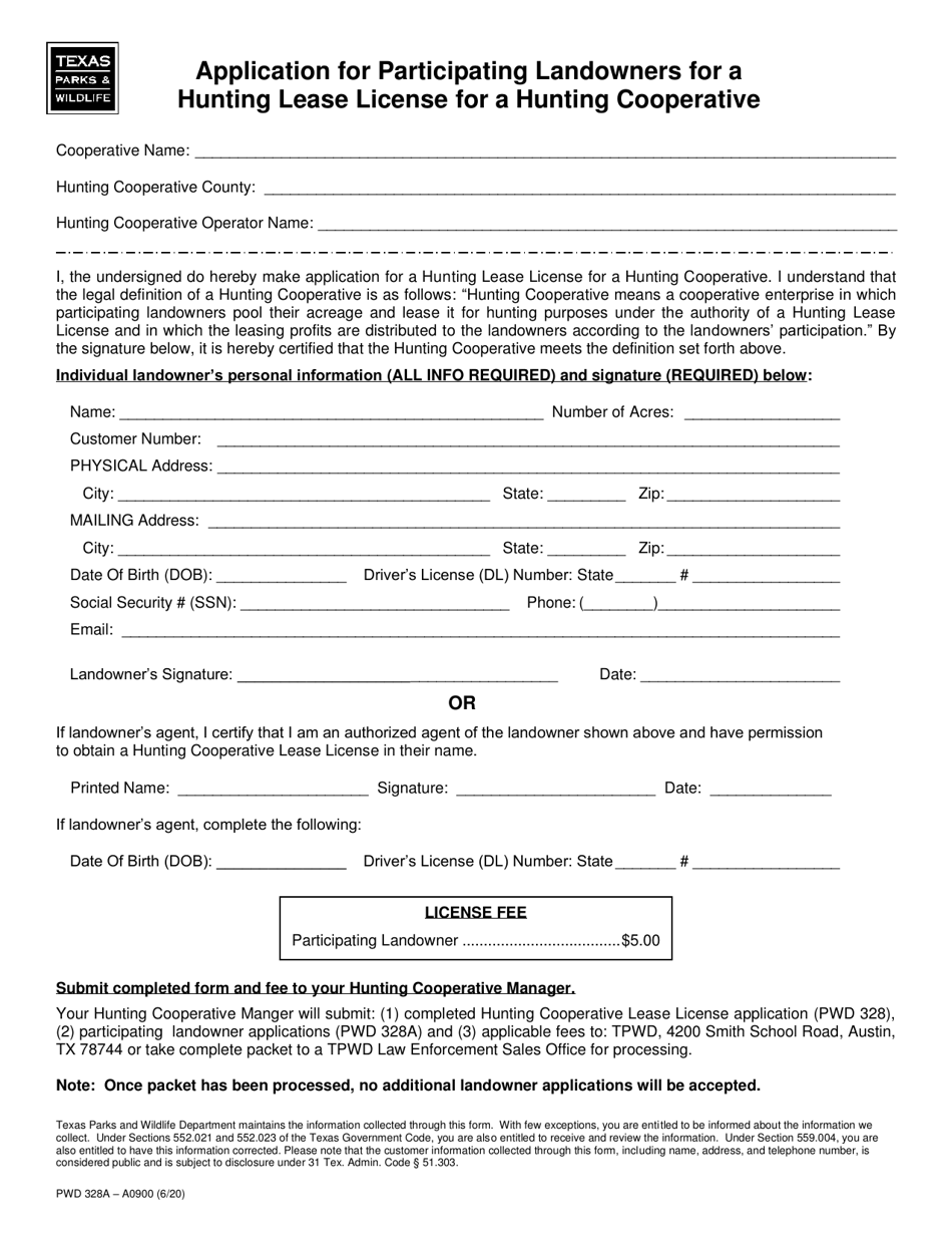 Form PWD328A Application for Participating Landowners for a Hunting Lease License for a Hunting Cooperative - Texas, Page 1