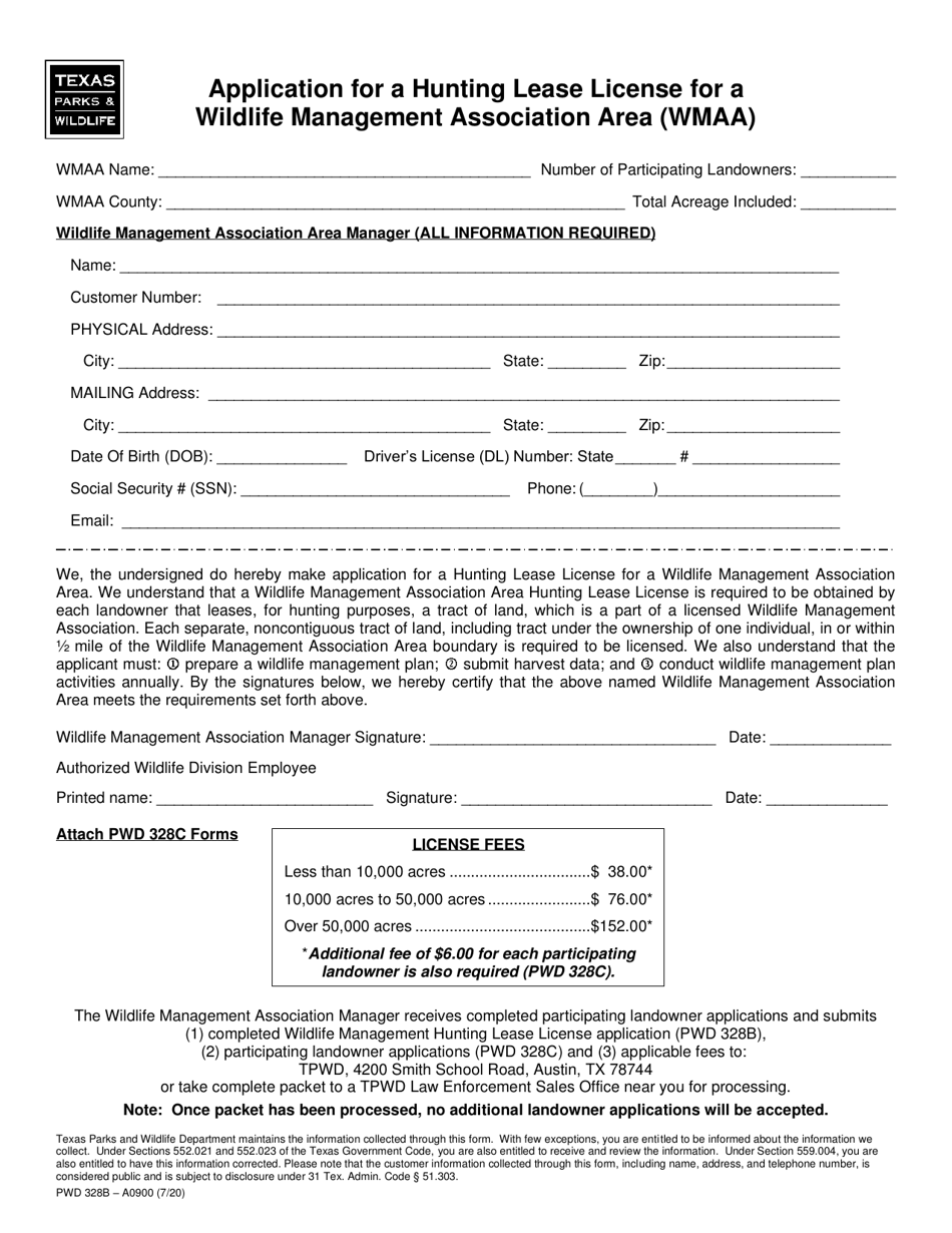 Form PWD328B Application for a Hunting Lease License for a Wildlife Management Association Area (Wmaa) - Texas, Page 1