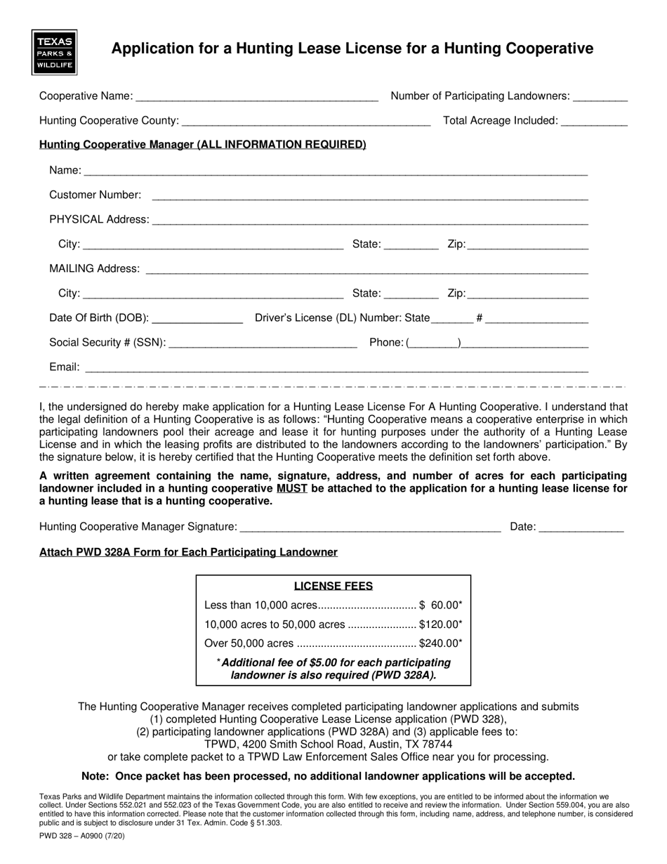 Form PWD328 Application for a Hunting Lease License for a Hunting Cooperative - Texas, Page 1