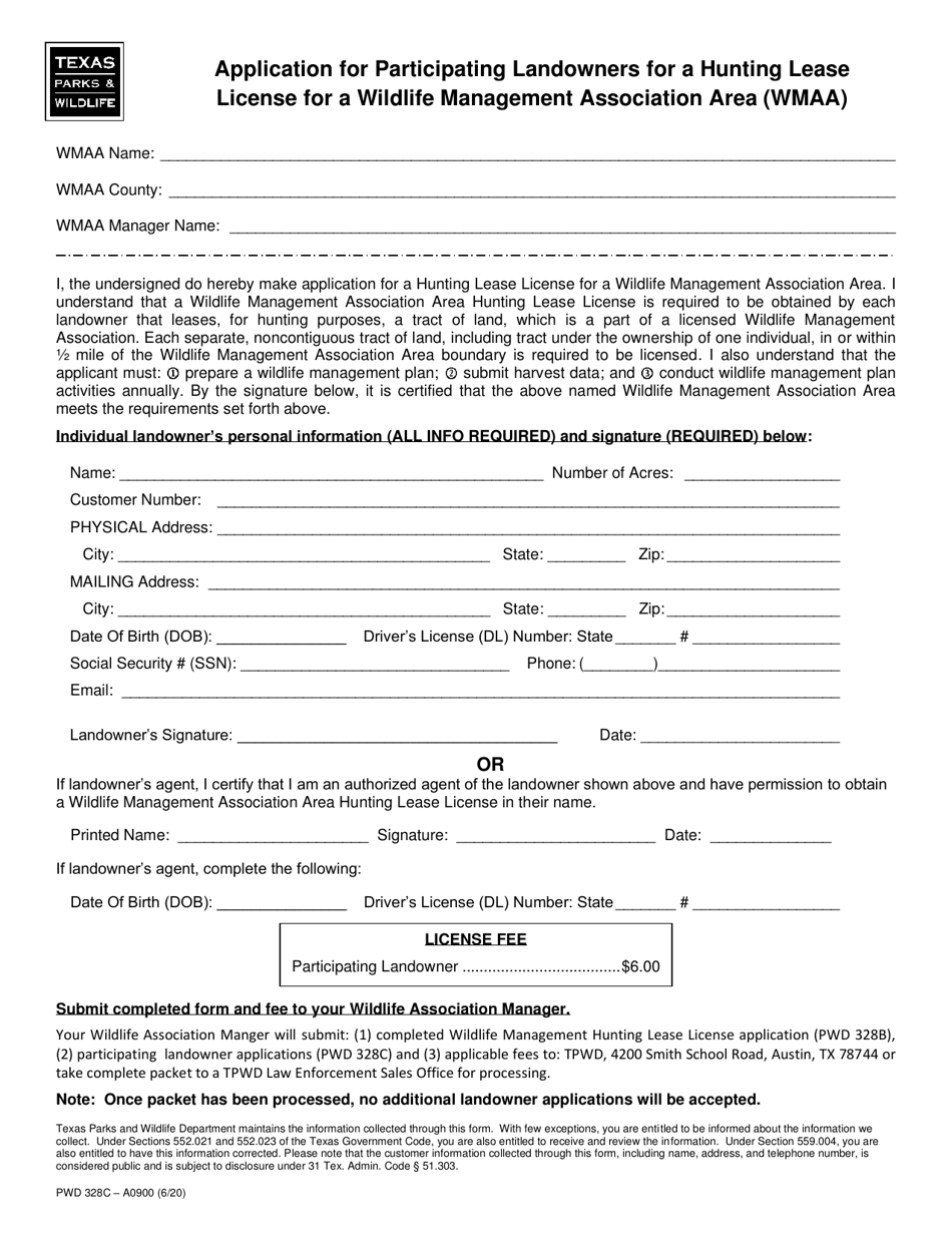 Form PWD328C Application for Participating Landowners for a Hunting Lease License for a Wildlife Management Association Area (Wmaa) - Texas, Page 1