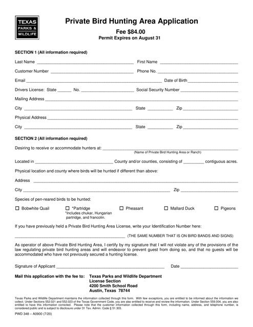 Form PWD348 Private Bird Hunting Area Application - Texas