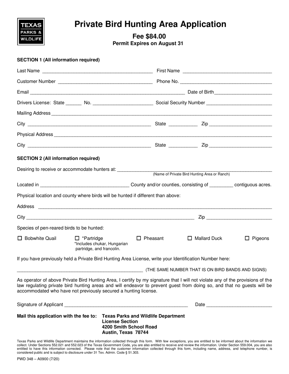 Form PWD348 Private Bird Hunting Area Application - Texas, Page 1