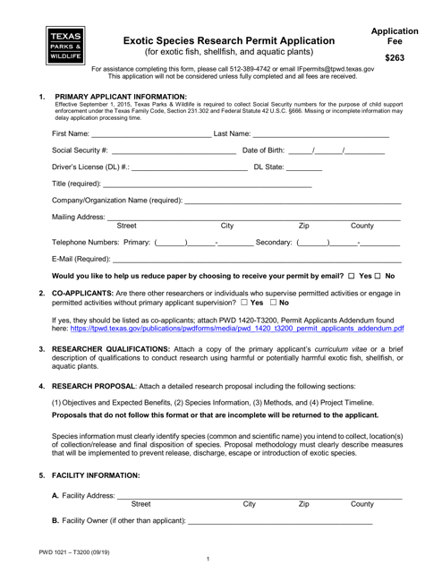 Form PWD1021 Exotic Species Research Permit Application (For Exotic Fish, Shellfish, and Aquatic Plants) - Texas