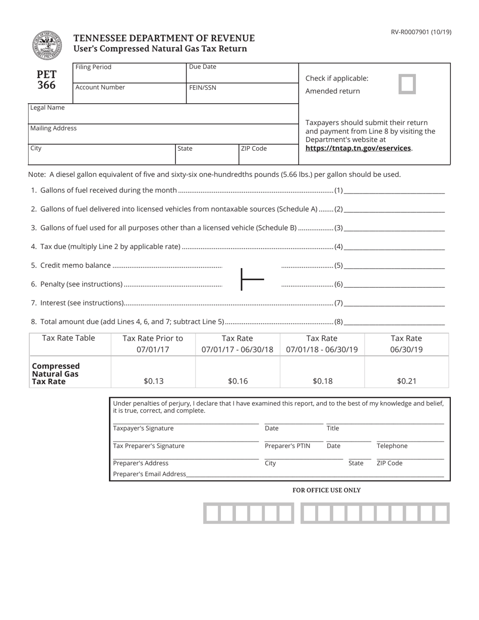 Form RV-R0007901 (PET366) Users Compressed Natural Gas Tax Return - Tennessee, Page 1