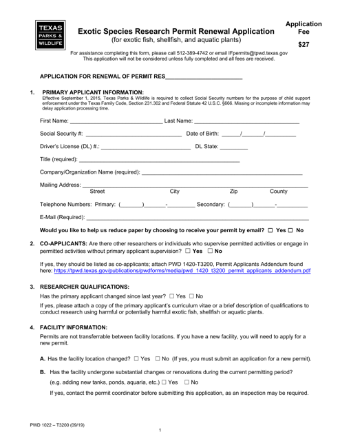 Form PWD-1022 Exotic Species Research Permit Renewal Application - Texas