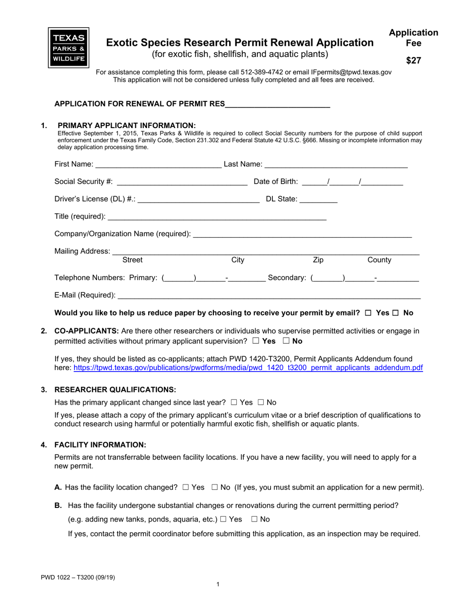 Form PWD-1022 Exotic Species Research Permit Renewal Application - Texas, Page 1