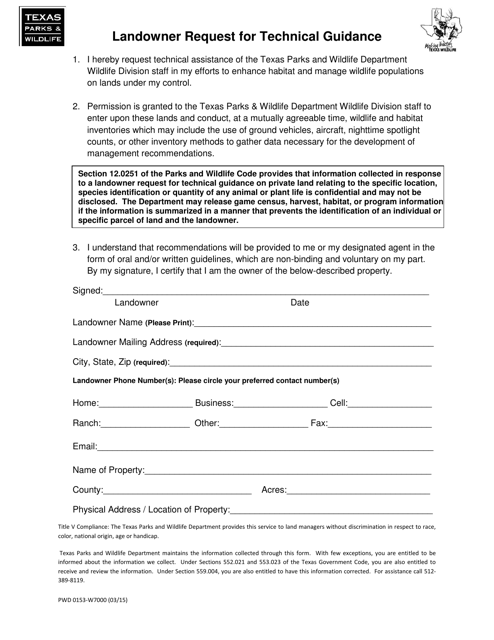 Form PWD-153 Landowner Request for Technical Guidance - Texas