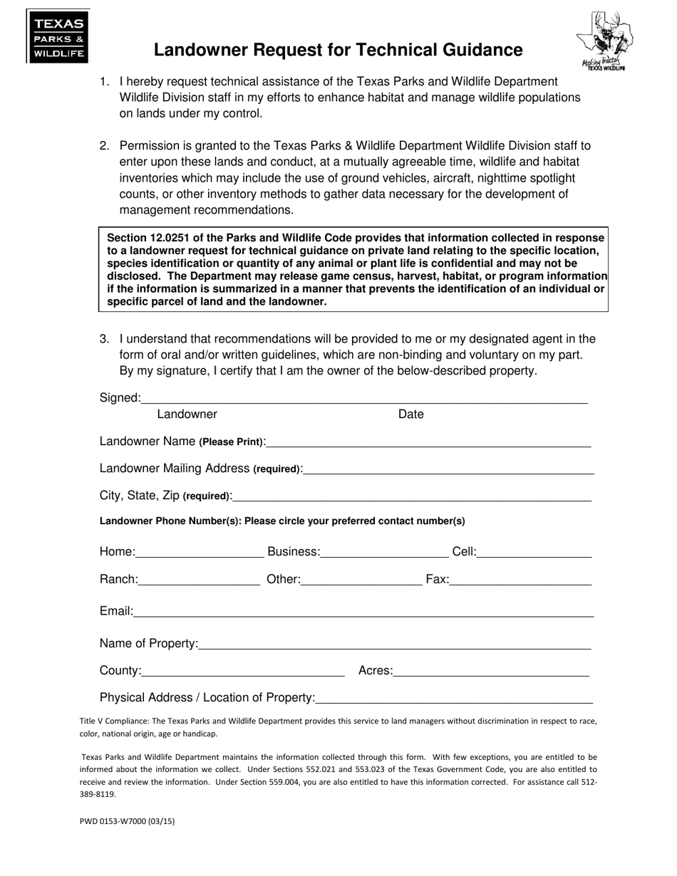 Form PWD-153 Landowner Request for Technical Guidance - Texas, Page 1