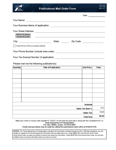 Form 2225 Publications Mail Order Form - Texas