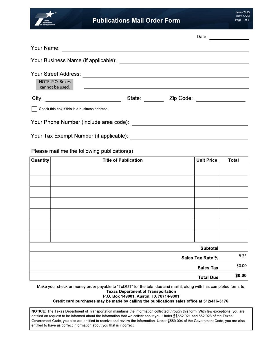 Form 2225 Publications Mail Order Form - Texas, Page 1