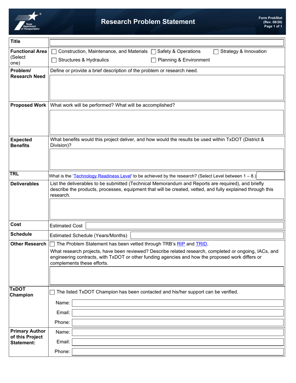 Form PROBSTAT Research Problem Statement - Texas, Page 1