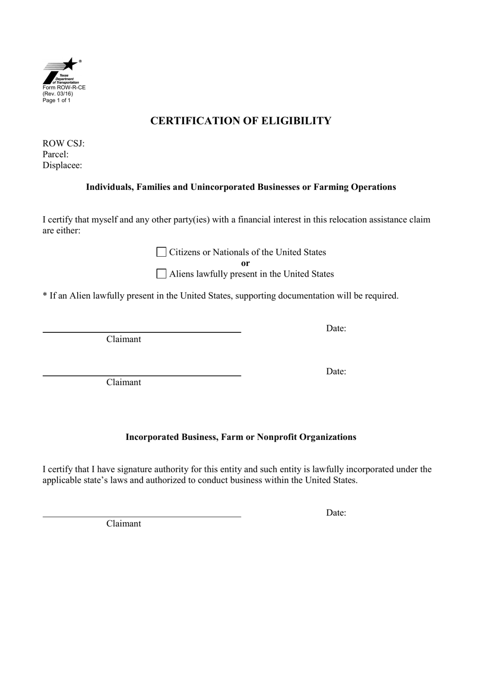 Form ROW-R-CE Certification of Eligibility - Texas, Page 1