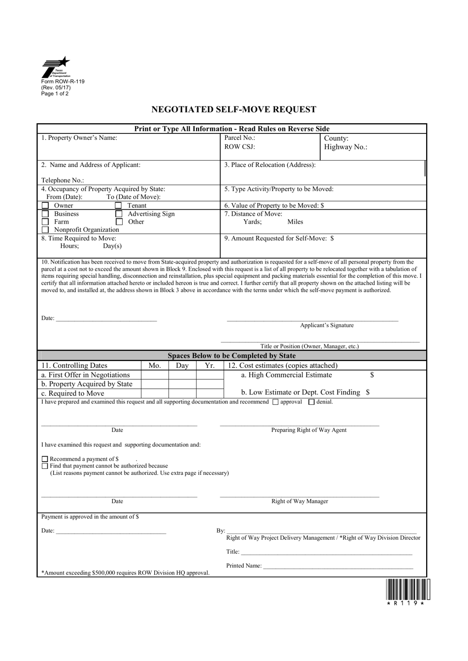 Form ROW-R-119 Negotiated Self-move Request - Texas, Page 1