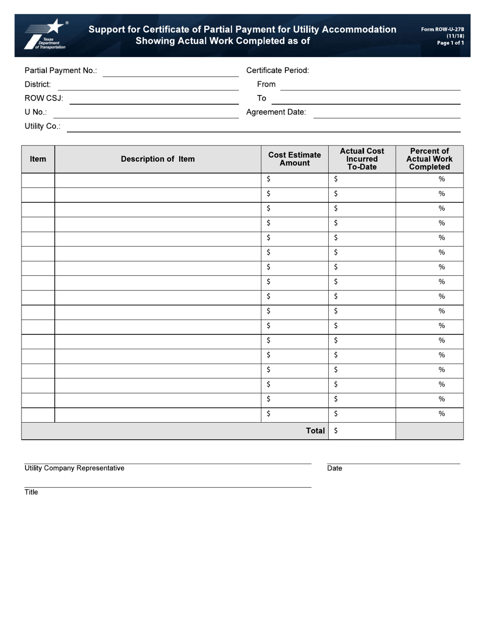 Form ROW-U-27B Support for Certificate of Partial Payment for Utility Accommodation Showing Actual Work Completed - Texas, Page 1