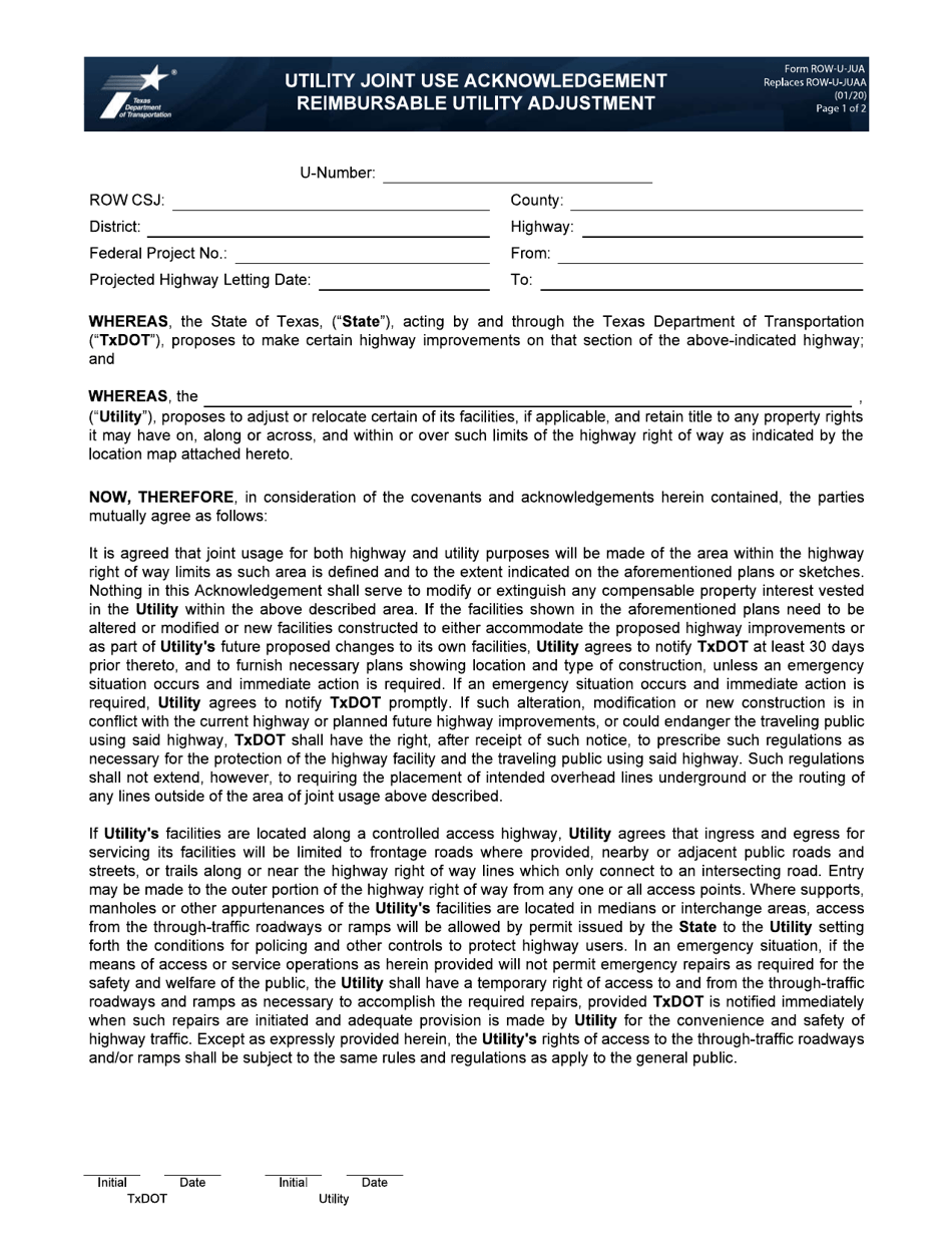 Form ROW-U-JUA Utility Joint Use Acknowledgement Reimbursable Utility Adjustment - Texas, Page 1