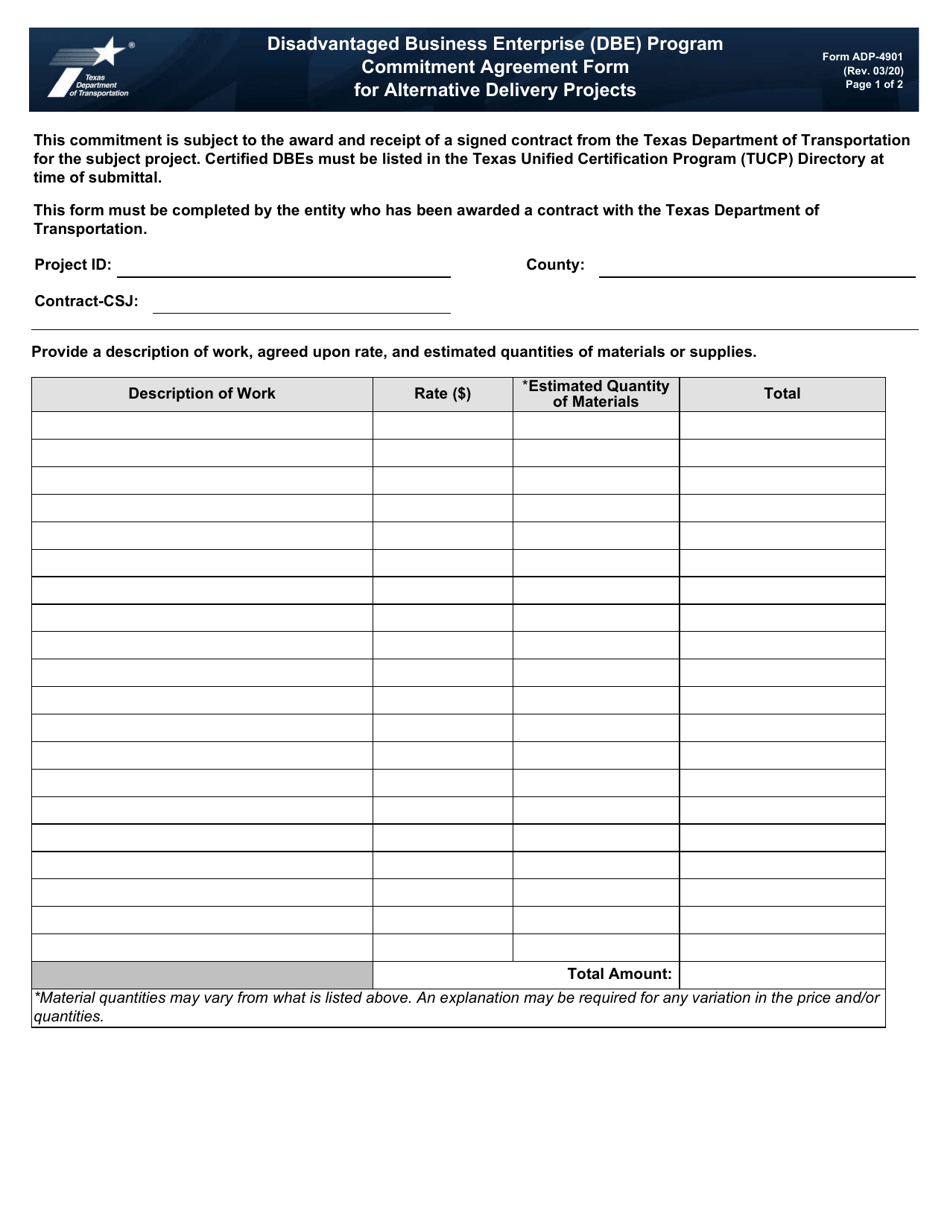 Form ADP-4901 Disadvantaged Business Enterprise (Dbe) Program Commitment Agreement Form for Alternative Delivery Projects - Texas, Page 1