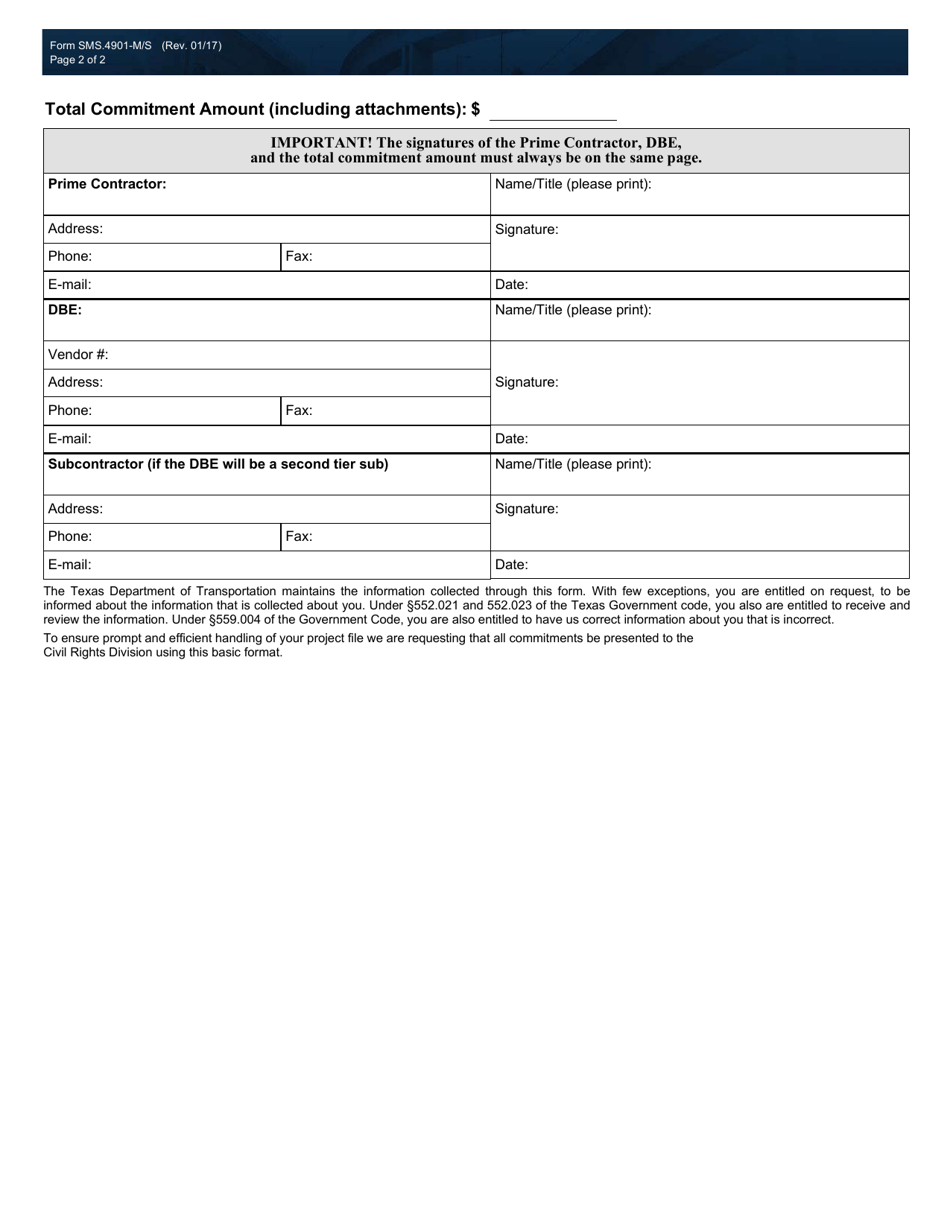 Form SMS.4901-MS Disadvantaged Business Enterprise (Dbe) Program Material Supplier Commitment Agreement Form - Texas, Page 2