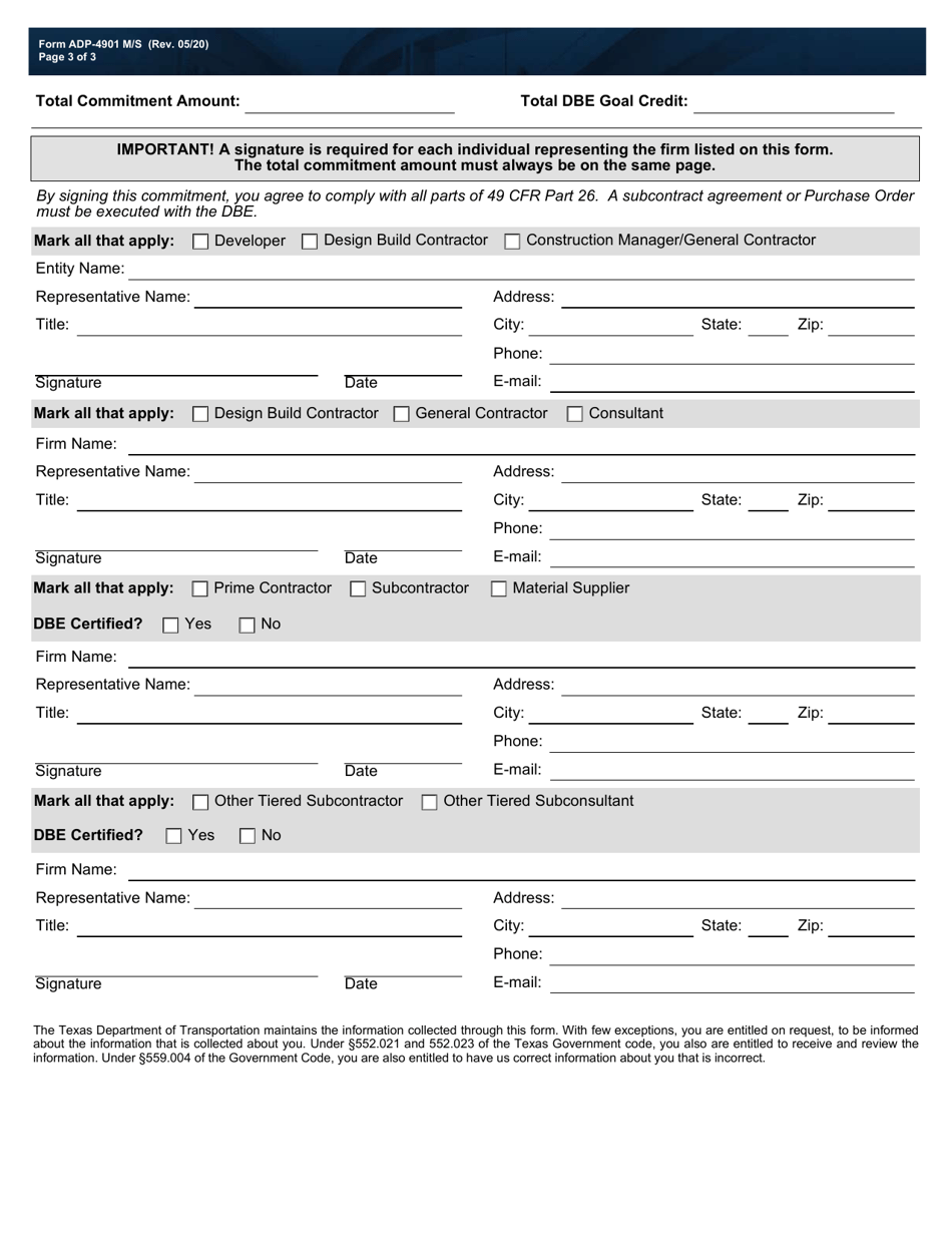 Form ADP-4901 M / S Disadvantaged Business Enterprise (Dbe) Program Material Supplier Commitment Agreement Form for Alternative Delivery Projects - Texas, Page 3