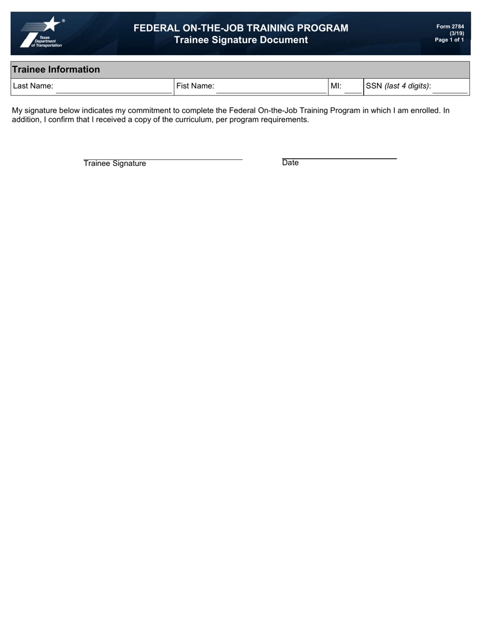 Form 2784 Federal on-The-Job Training Program Trainee Signature Document - Texas, Page 1