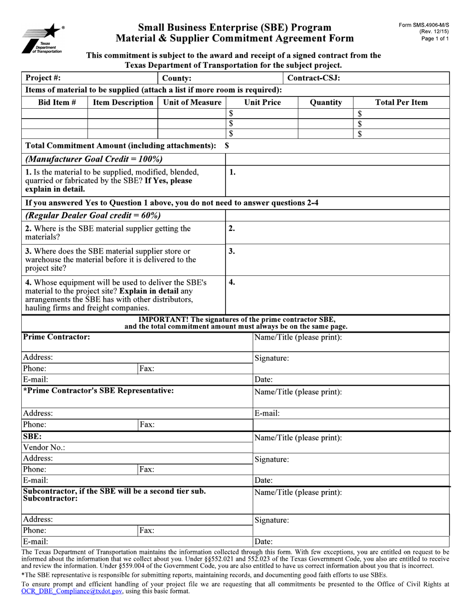 Form SMS.4906-M / S Small Business Enterprise (Sbe) Program Material  Supplier Commitment Agreement Form - Texas, Page 1