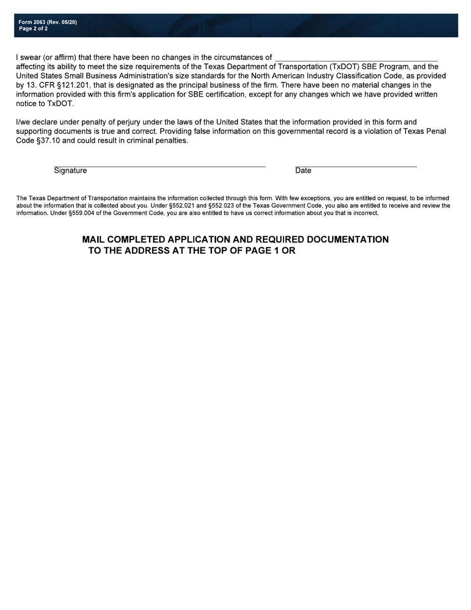 Form 2063 Small Business Enterprise (Sbe) Program Renewal Application - Texas, Page 2
