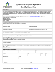 Document preview: Form VTR-950 Application for Nonprofit Organization Specialty License Plate - Texas