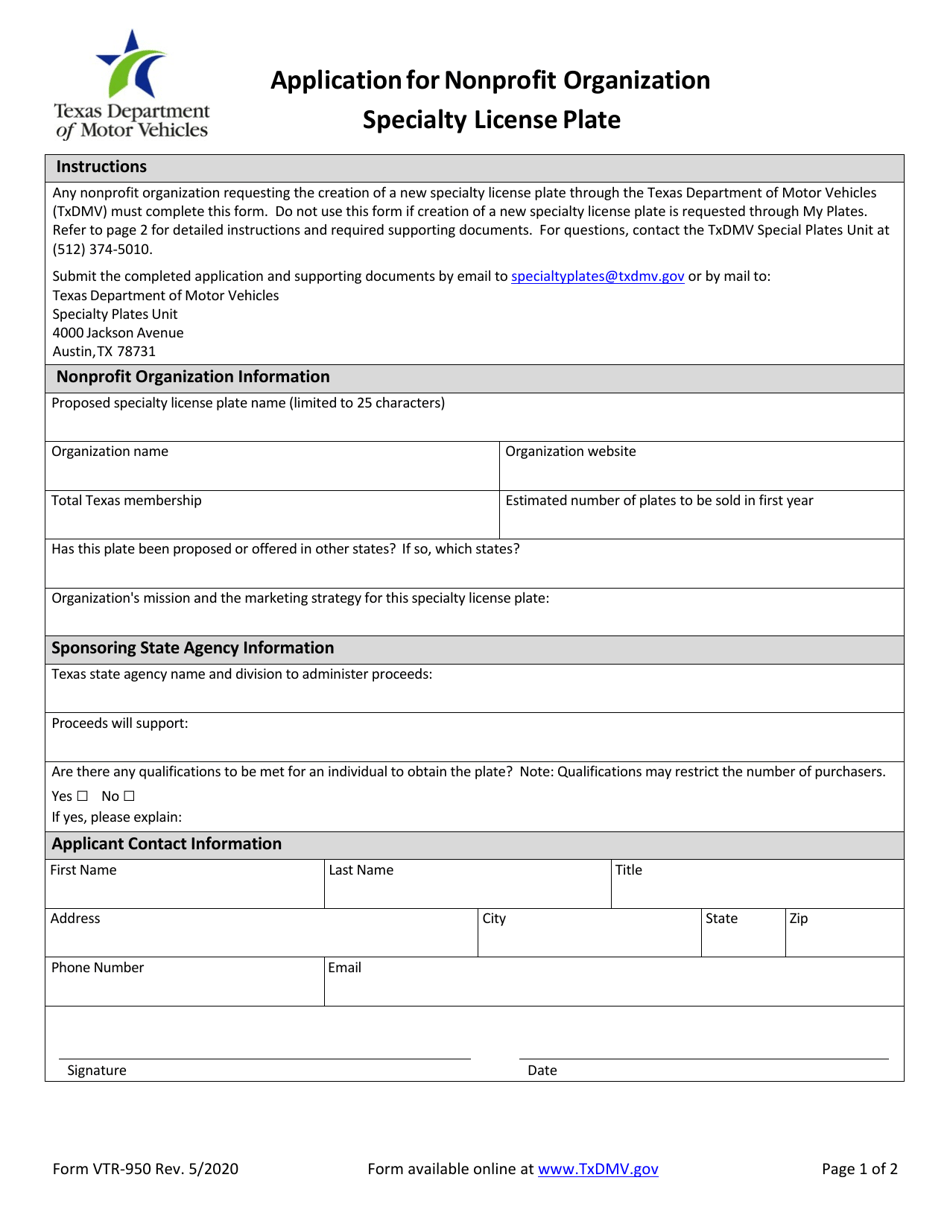 Form VTR-950 Application for Nonprofit Organization Specialty License Plate - Texas, Page 1