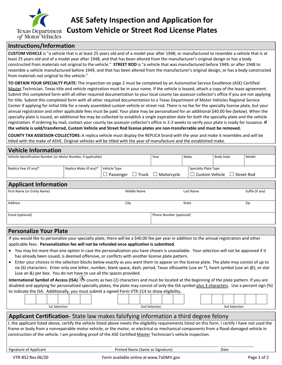 Form VTR-852 Ase Safety Inspection and Application for Custom Vehicle or Street Rod License Plates - Texas, Page 1