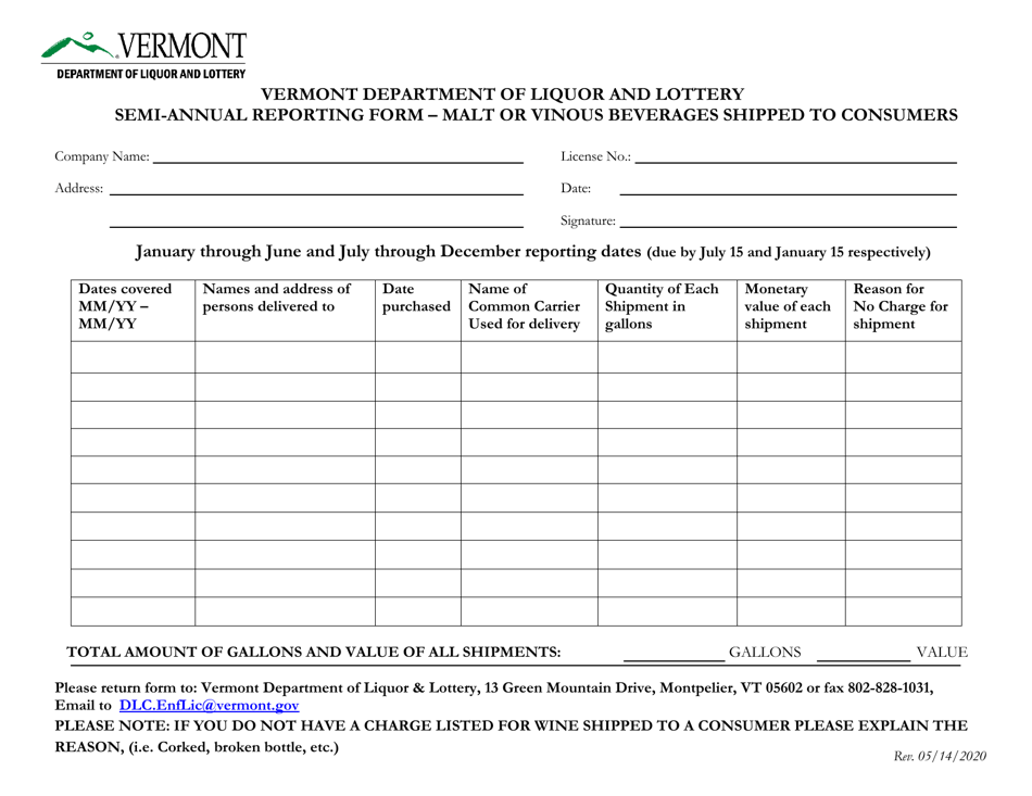 Semi-annual Reporting Form - Malt or Vinous Beverages Shipped to Consumers - Vermont, Page 1