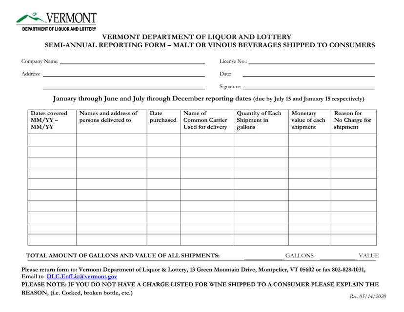 Semi-annual Reporting Form - Malt or Vinous Beverages Shipped to Consumers - Vermont