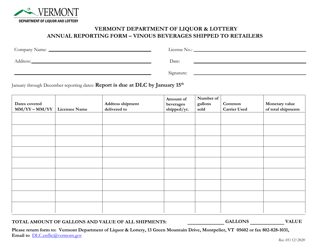 Annual Reporting Form - Vinous Beverages Shipped to Retailers - Vermont