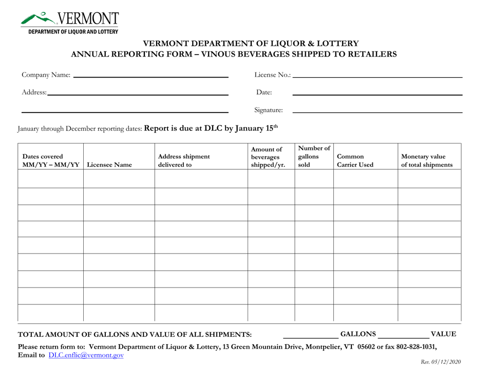 Annual Reporting Form - Vinous Beverages Shipped to Retailers - Vermont, Page 1