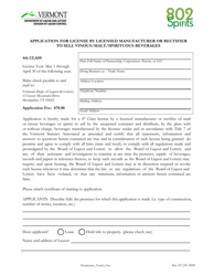 Application for License by Licensed Manufacturer or Rectifier to Sell Vinous/Malt/Spirituous Beverages - Vermont