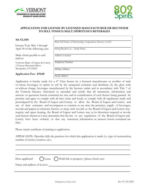 Application for License by Licensed Manufacturer or Rectifier to Sell Vinous / Malt / Spirituous Beverages - Vermont Download Pdf