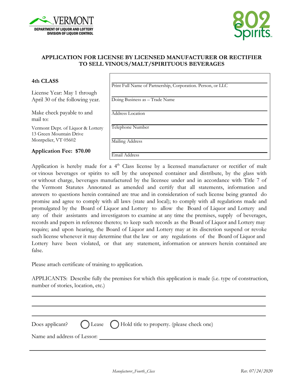 Application for License by Licensed Manufacturer or Rectifier to Sell Vinous / Malt / Spirituous Beverages - Vermont, Page 1