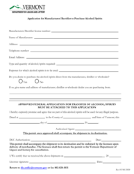 Application for Manufacturer/Rectifier to Purchase Alcohol/Spirits - Vermont