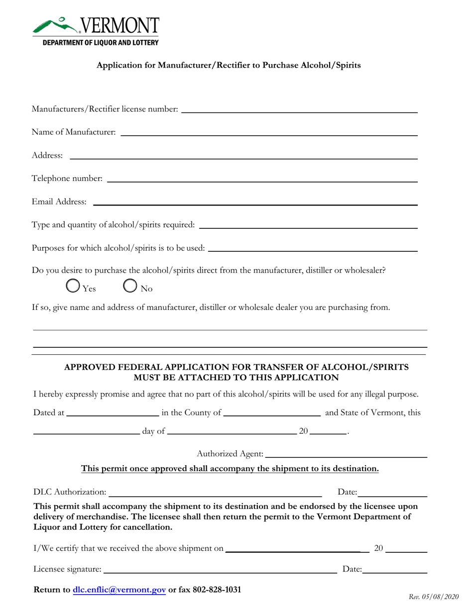 Application for Manufacturer / Rectifier to Purchase Alcohol / Spirits - Vermont, Page 1