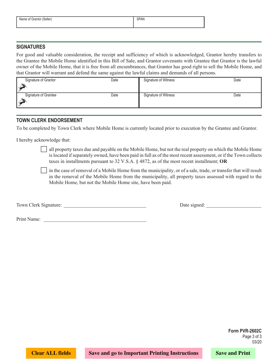 VT Form PVR-2602C Vermont Mobile Home Uniform Bill of Sale - Vermont, Page 3