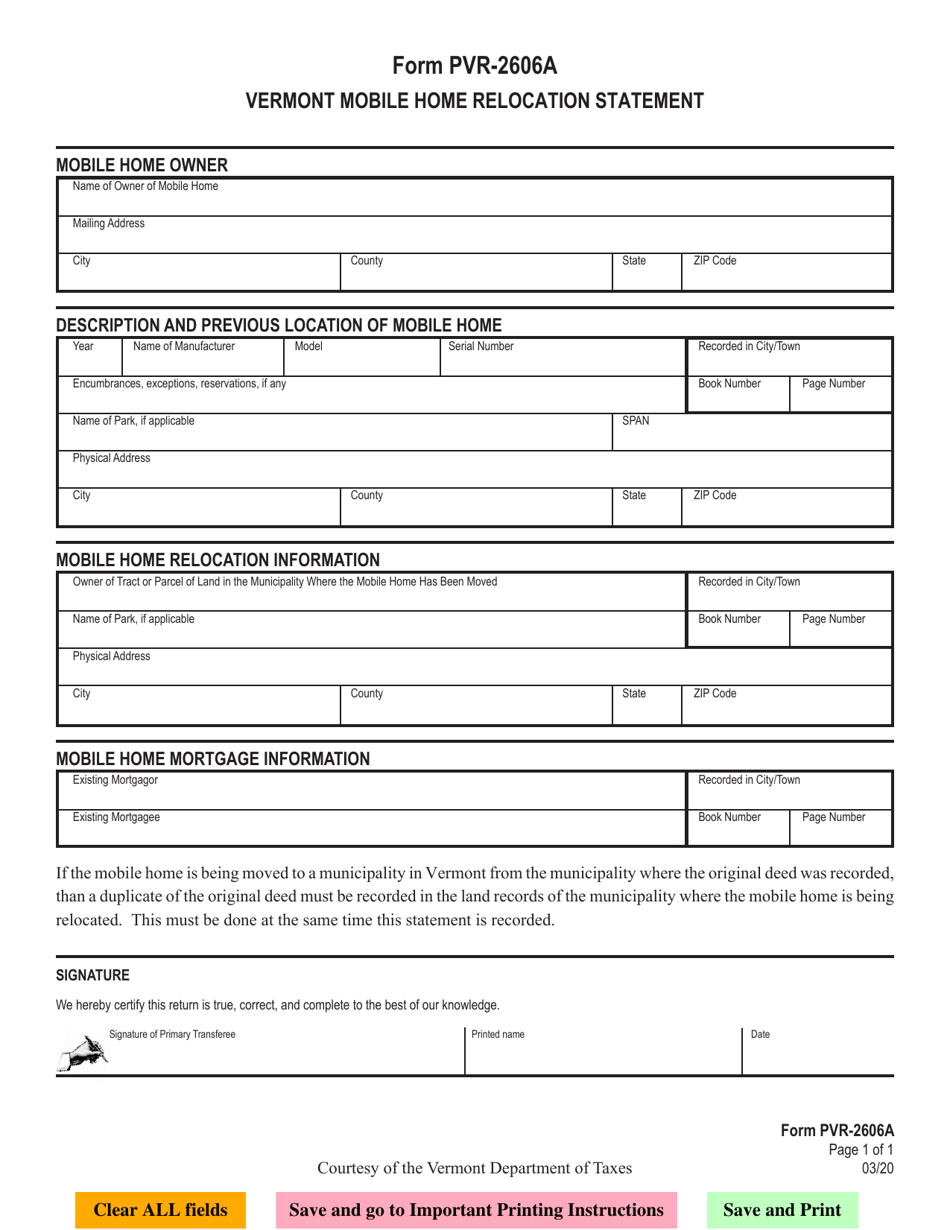Form PVR-2606A Vermont Mobile Home Relocation Statement - Vermont, Page 1
