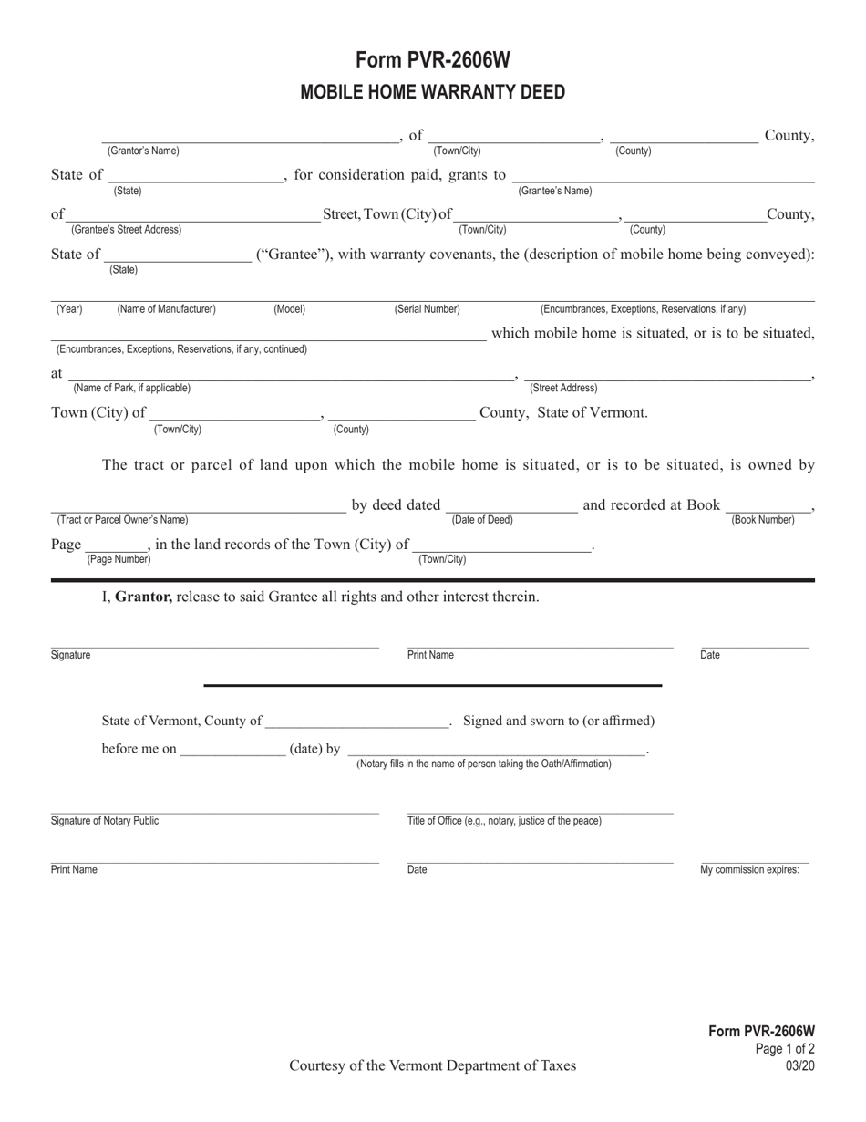 Form PVR-2606W Mobile Home Warranty Deed - Vermont, Page 1