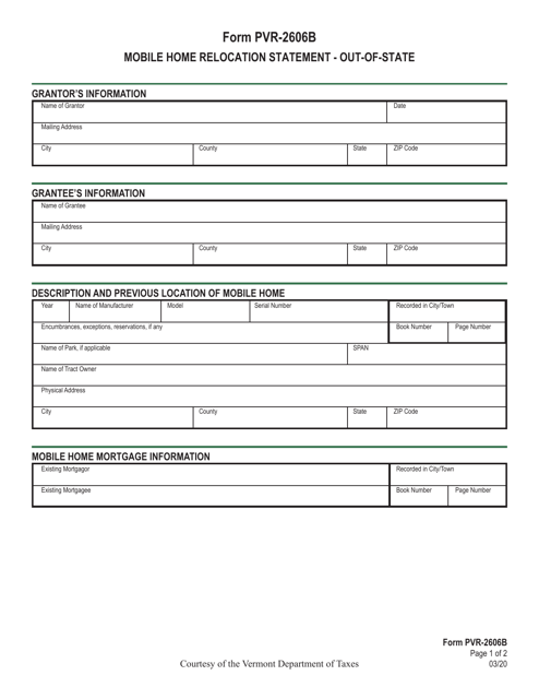 Form PVR-2606B Mobile Home Relocation Statement - out-Of-State - Vermont