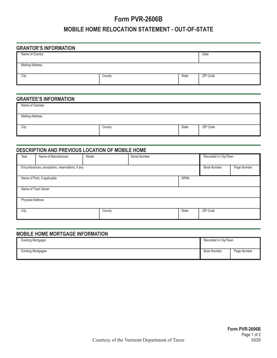 Form PVR-2606B Mobile Home Relocation Statement - out-Of-State - Vermont, Page 1