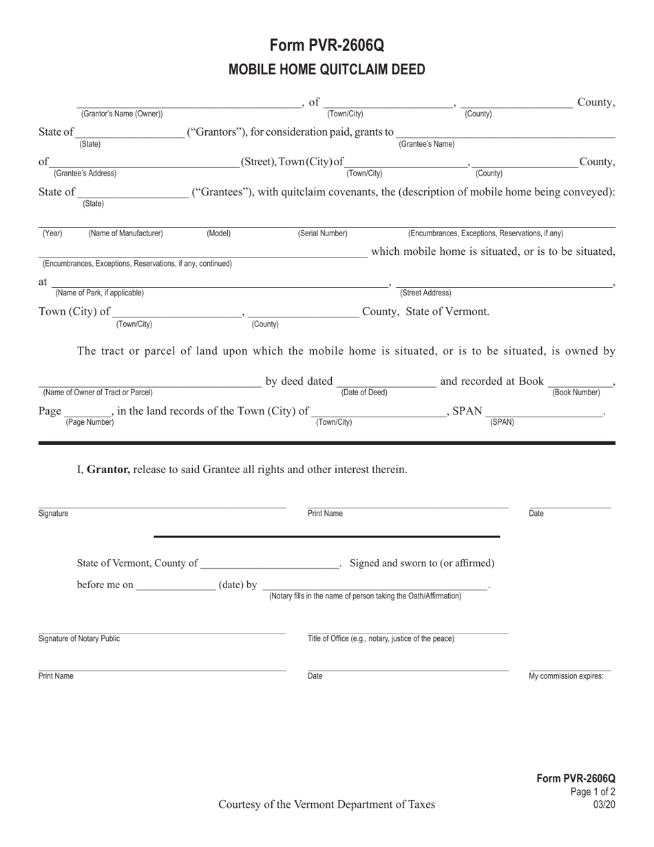 Form PVR-2606Q Mobile Home Quitclaim Deed - Vermont, Page 1